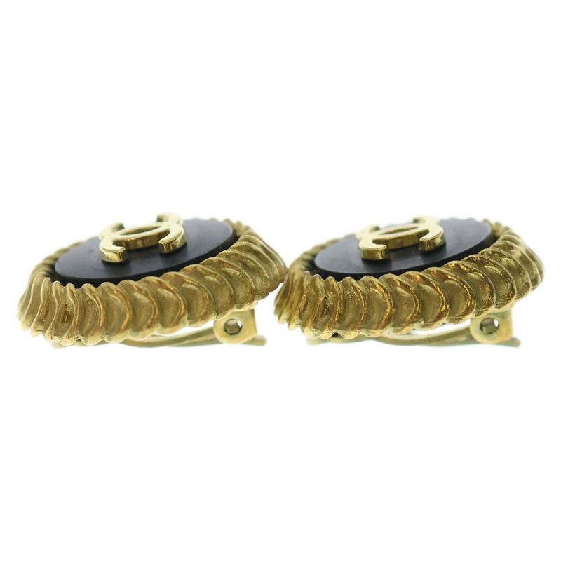Chanel Coco Mark Round Earrings Gold Black GP 95p