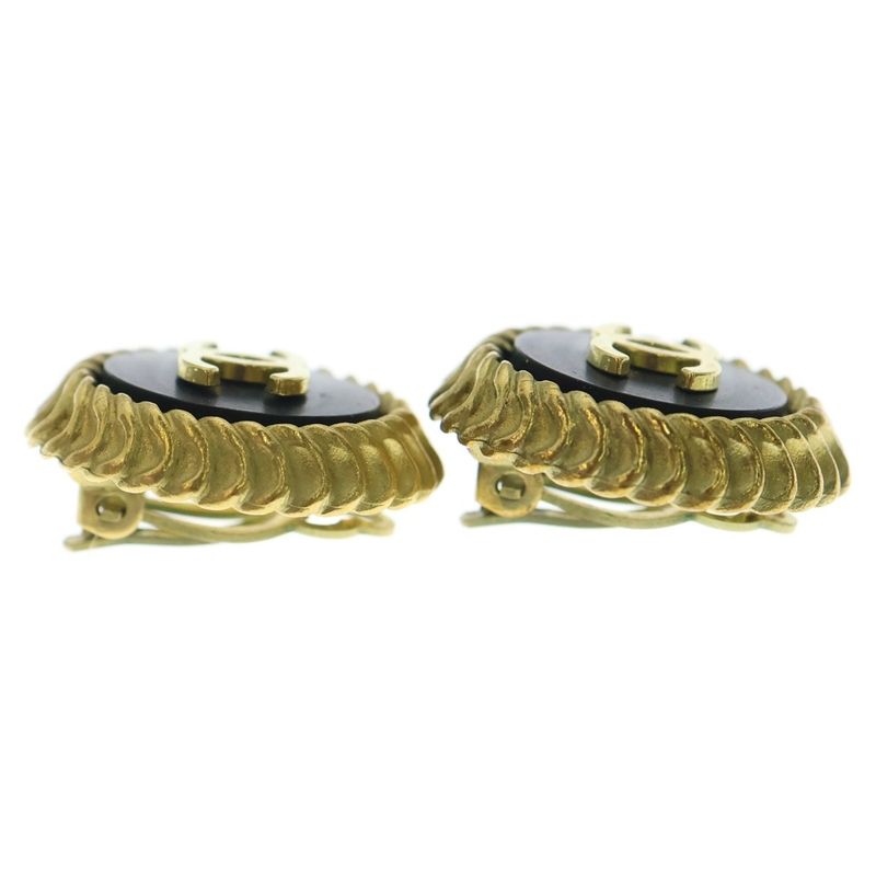 Chanel Coco Mark Round Earrings Gold Black GP 95p