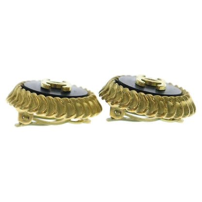 Chanel Coco Mark Round Earrings Gold Black GP 95p