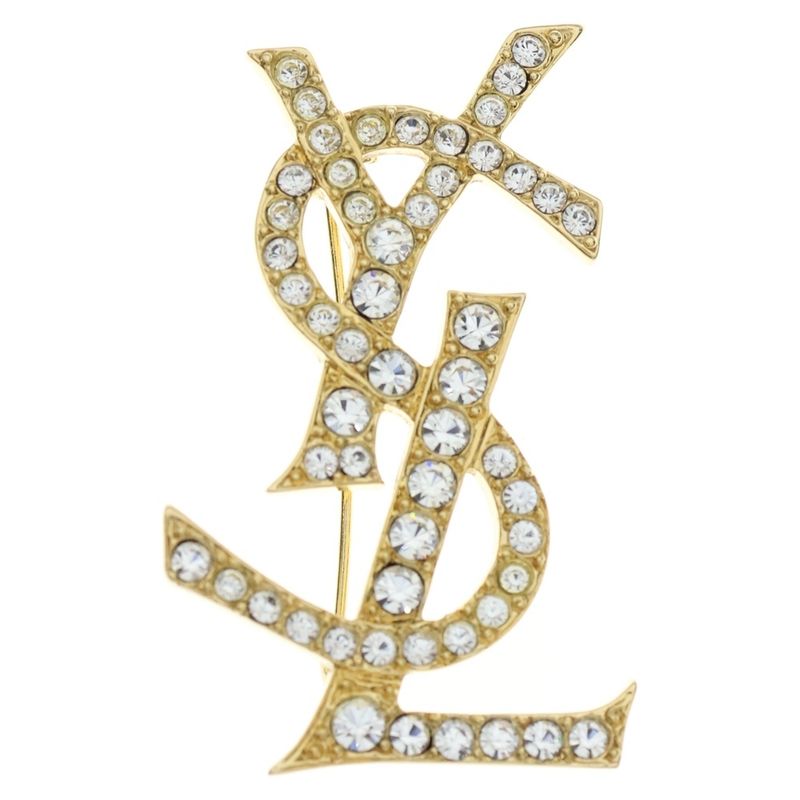 Saint Laurent Paris YSL Logo Rhinestone Brooch Pin Badge Gold GP
