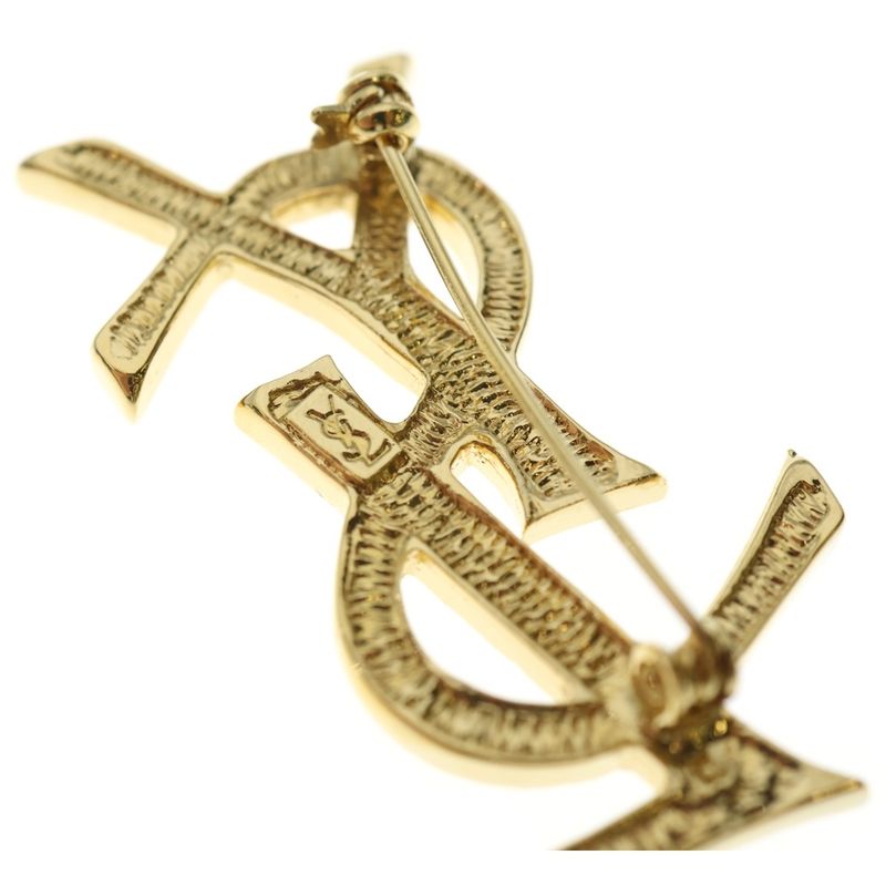 Saint Laurent Paris YSL Logo Rhinestone Brooch Pin Badge Gold GP