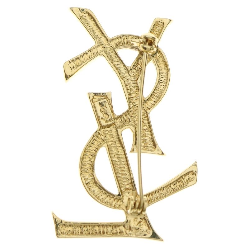 Saint Laurent Paris YSL Logo Rhinestone Brooch Pin Badge Gold GP