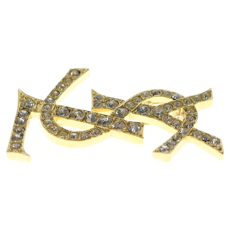 Saint Laurent Paris YSL Logo Rhinestone Brooch Pin Badge Gold GP