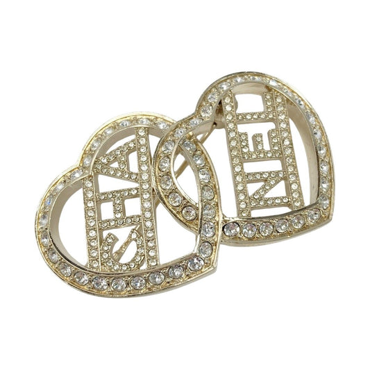 Chanel Logo Double Heart Brooch C23b Gold GP Rhinestone