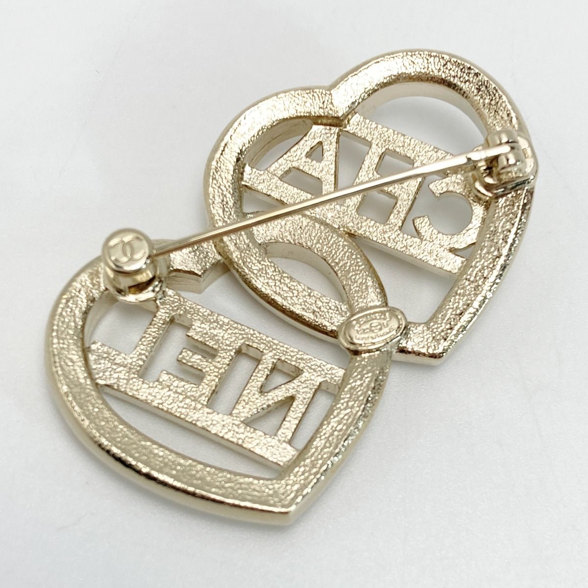 Chanel Logo Double Heart Brooch C23b Gold GP Rhinestone
