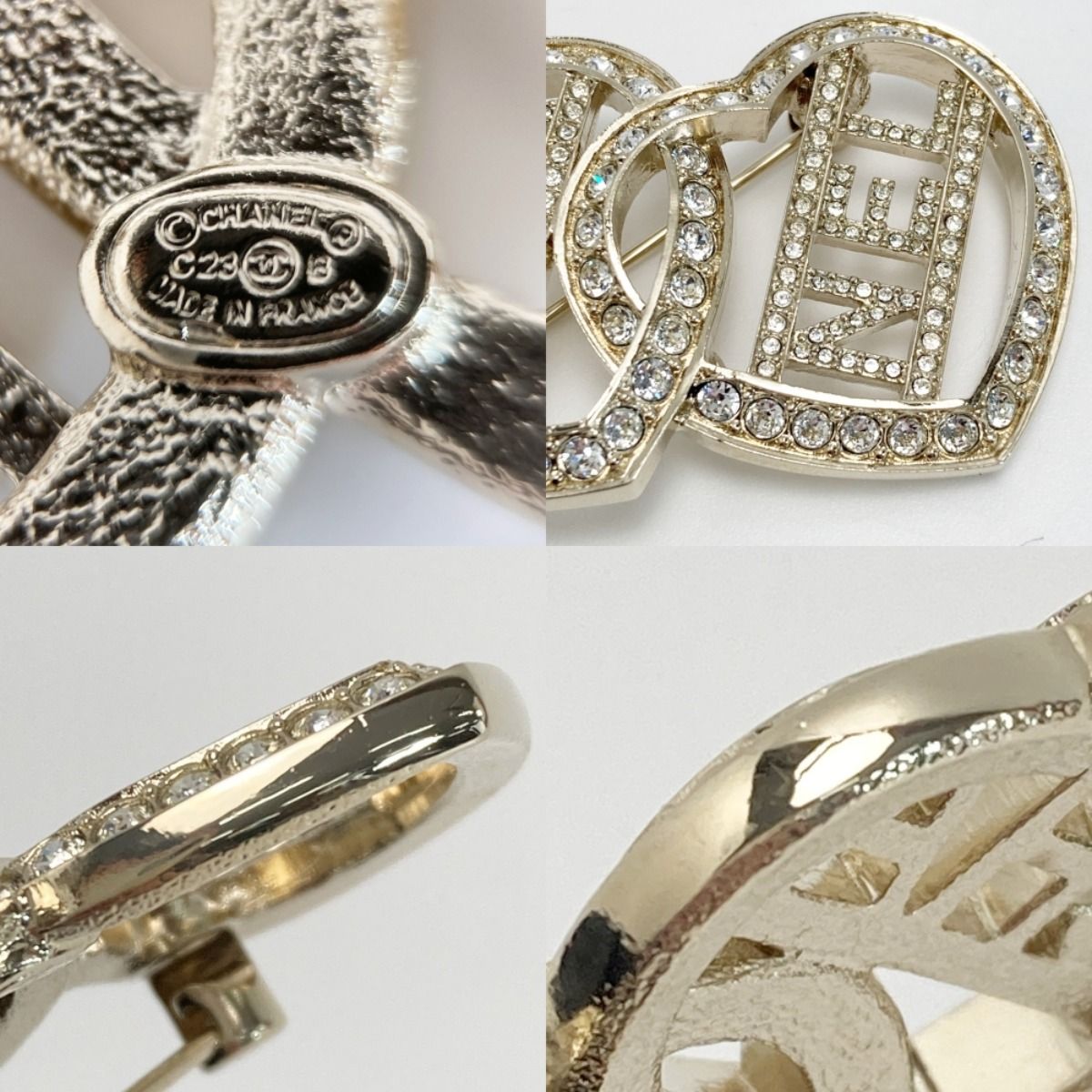 Chanel Logo Double Heart Brooch C23b Gold GP Rhinestone