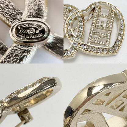 Chanel Logo Double Heart Brooch C23b Gold GP Rhinestone