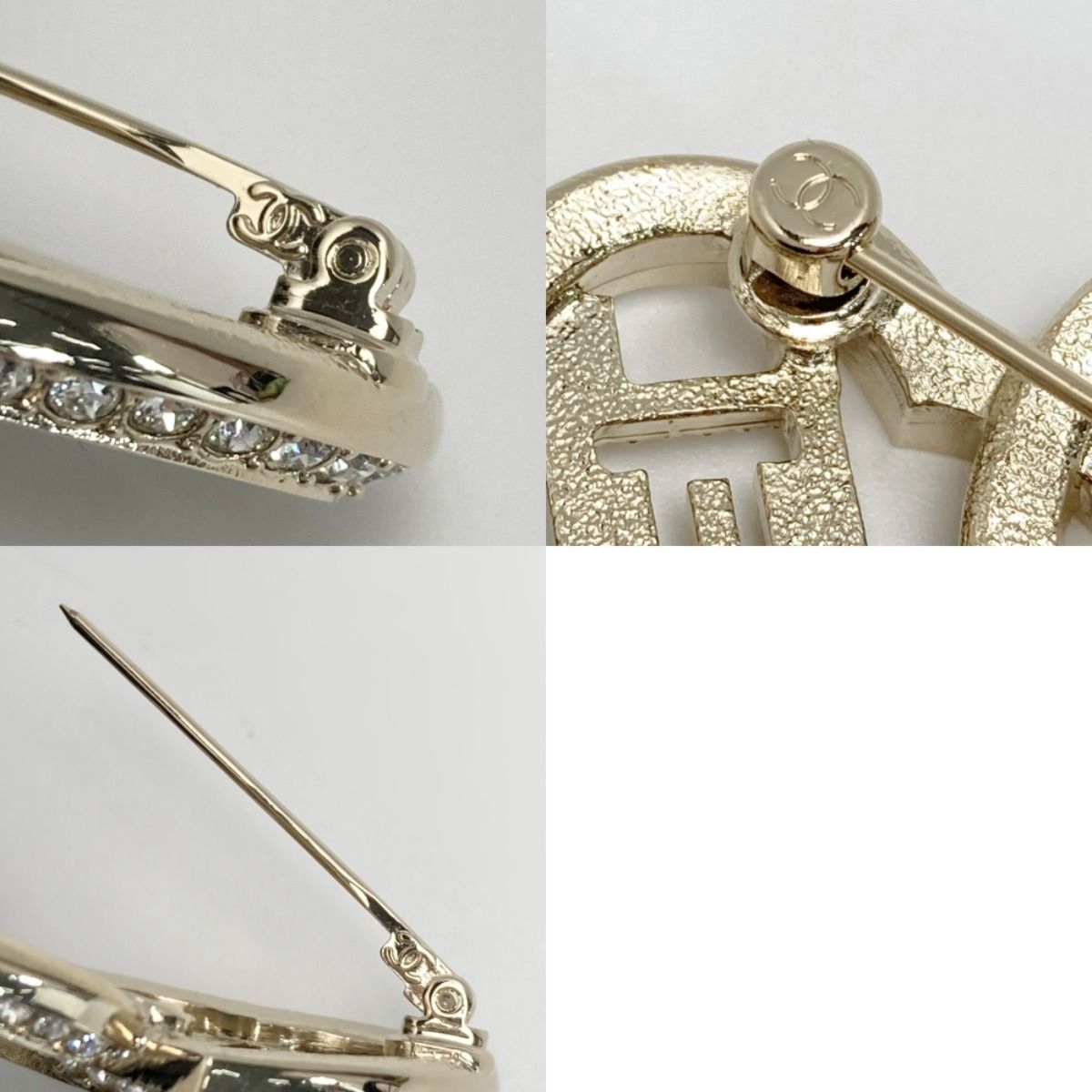 Chanel Logo Double Heart Brooch C23b Gold GP Rhinestone