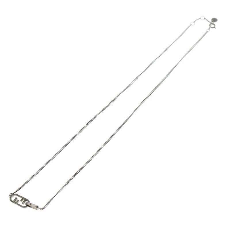 Fendi Orlock Logo Rhinestone Necklace Pendant Chain Silver