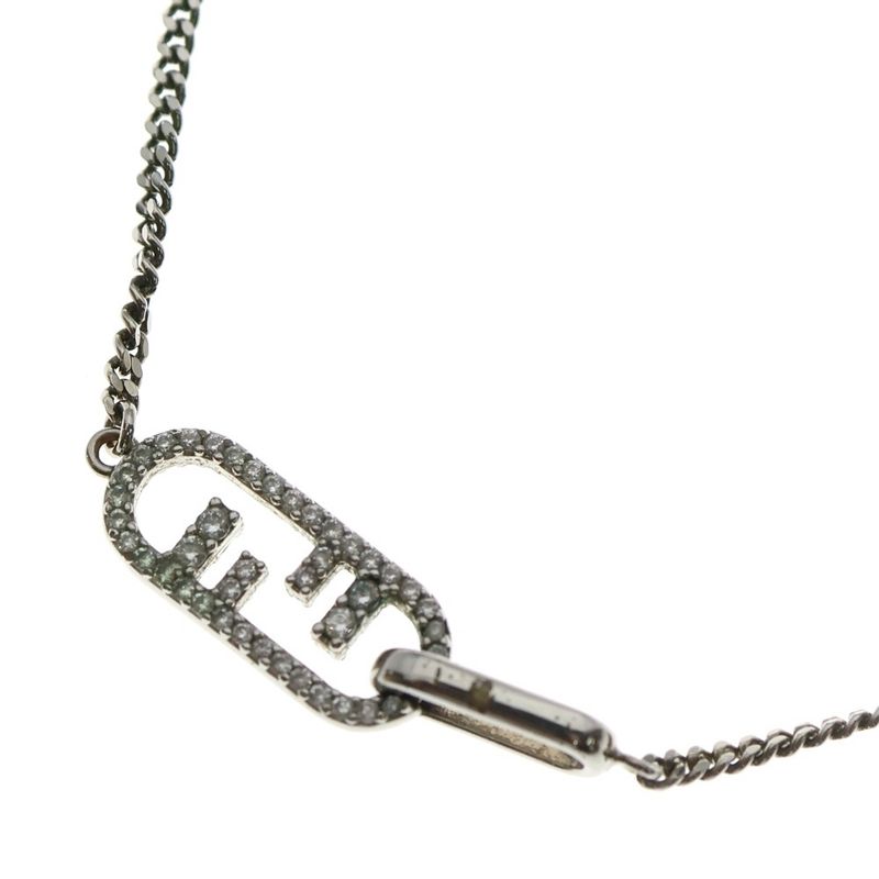 Fendi Orlock Logo Rhinestone Necklace Pendant Chain Silver