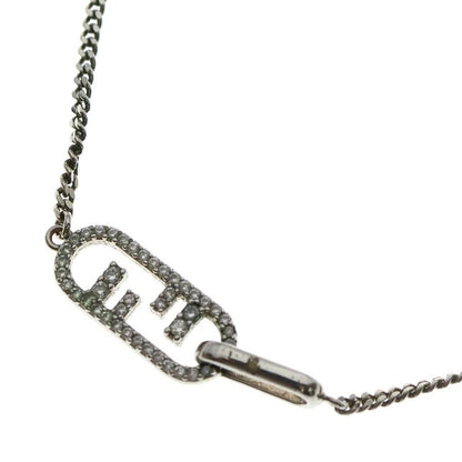 Fendi Orlock Logo Rhinestone Necklace Pendant Chain Silver
