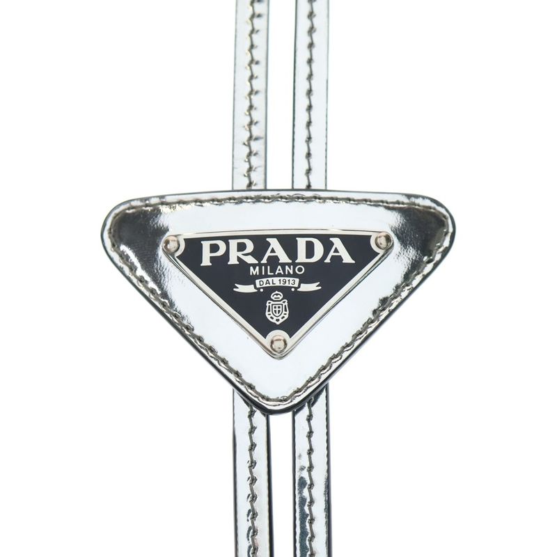 Prada Brushed Leather Triangle Logo Plate Loop Tie Bolo Tie Silver