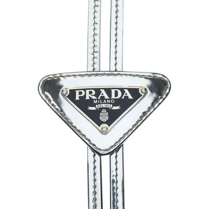 Prada Brushed Leather Triangle Logo Plate Loop Tie Bolo Tie Silver
