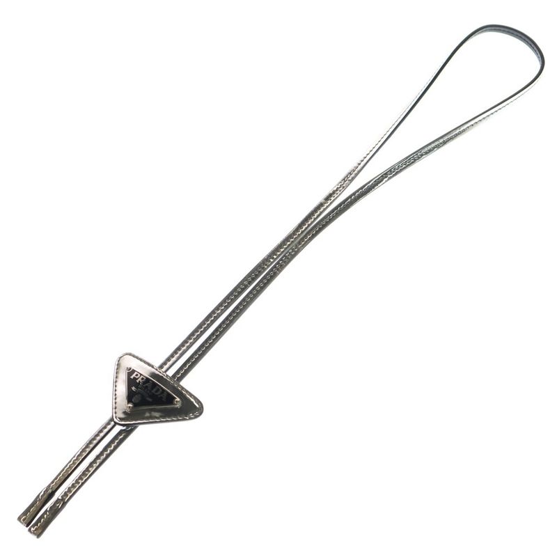 Prada Brushed Leather Triangle Logo Plate Loop Tie Bolo Tie Silver