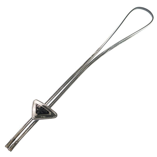 Prada Brushed Leather Triangle Logo Plate Loop Tie Bolo Tie Silver