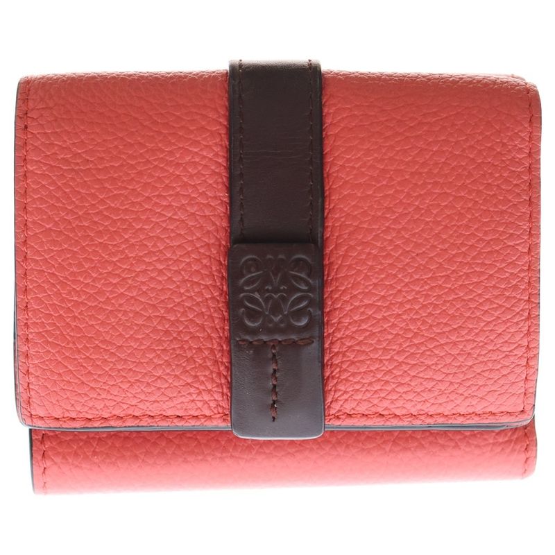Loewe Vertical Compact Wallet Trifold Wallet Coin Case Pink X Brown Leather
