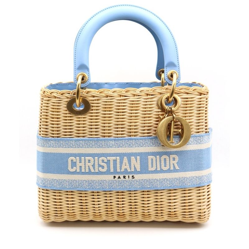 Christian Dior Lady Dior Medium Wicker Handbag Shoulder Bag Light Blue and