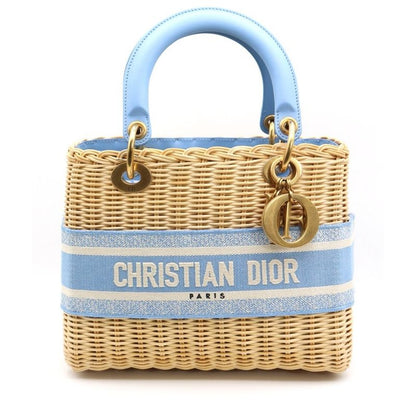 Christian Dior Lady Dior Medium Wicker Handbag Shoulder Bag Light Blue and