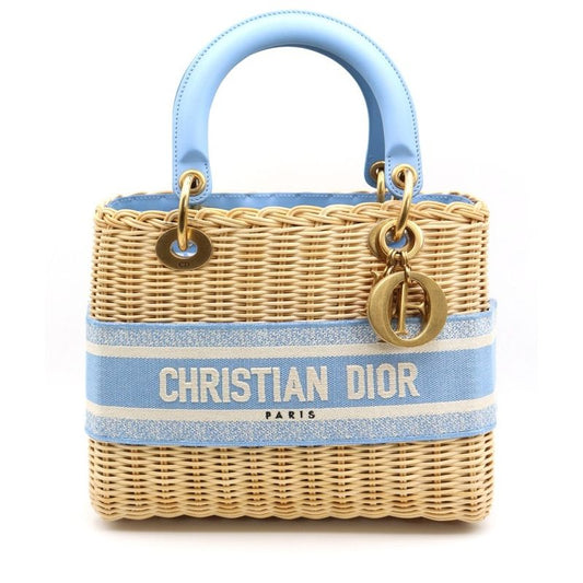 Christian Dior Lady Dior Medium Wicker Handbag Shoulder Bag Light Blue and