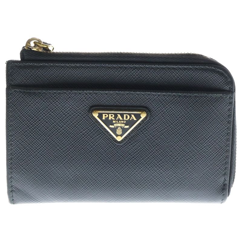 Prada Triangle Logo Saffiano L-Shape Coin Card Case Fragment Case Black Leather