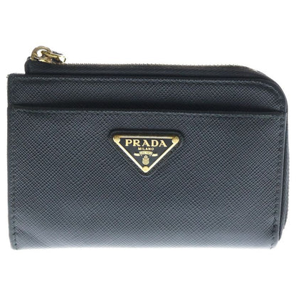 Prada Triangle Logo Saffiano L-Shape Coin Card Case Fragment Case Black Leather