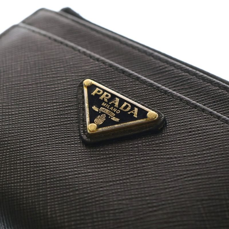 Prada Triangle Logo Saffiano L-Shape Coin Card Case Fragment Case Black Leather