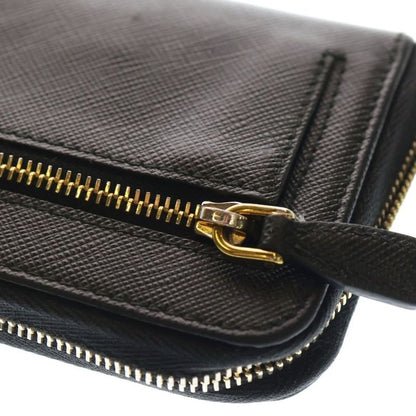 Prada Triangle Logo Saffiano L-Shape Coin Card Case Fragment Case Black Leather