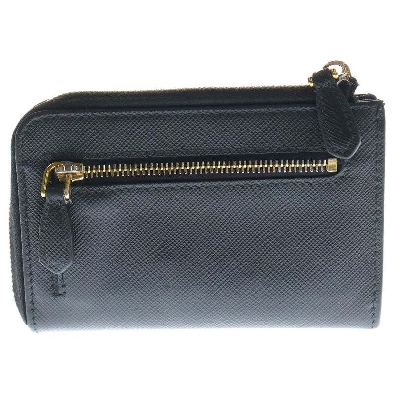 Prada Triangle Logo Saffiano L-Shape Coin Card Case Fragment Case Black Leather
