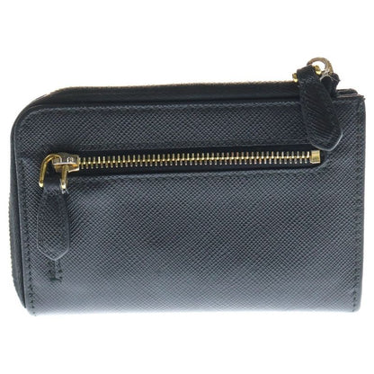 Prada Triangle Logo Saffiano L-Shape Coin Card Case Fragment Case Black Leather