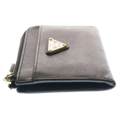 Prada Triangle Logo Saffiano L-Shape Coin Card Case Fragment Case Black Leather