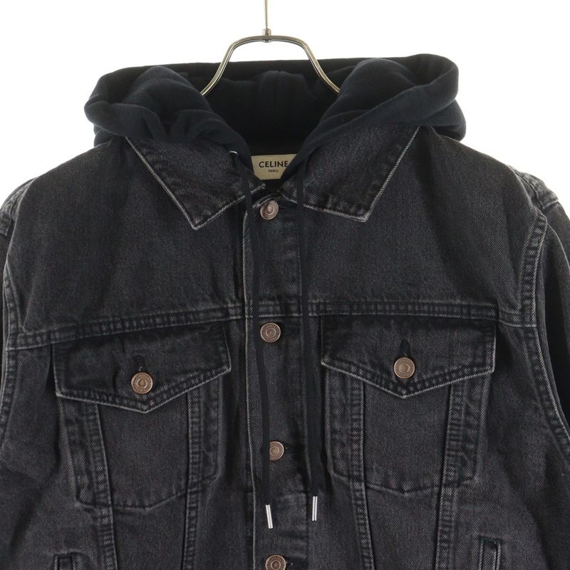 Celine Logo-Print Hoodie Docking Denim Trucker Jacket Black 2q472947f