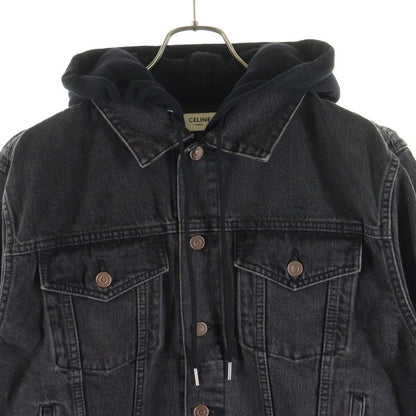 Celine Logo-Print Hoodie Docking Denim Trucker Jacket Black 2q472947f