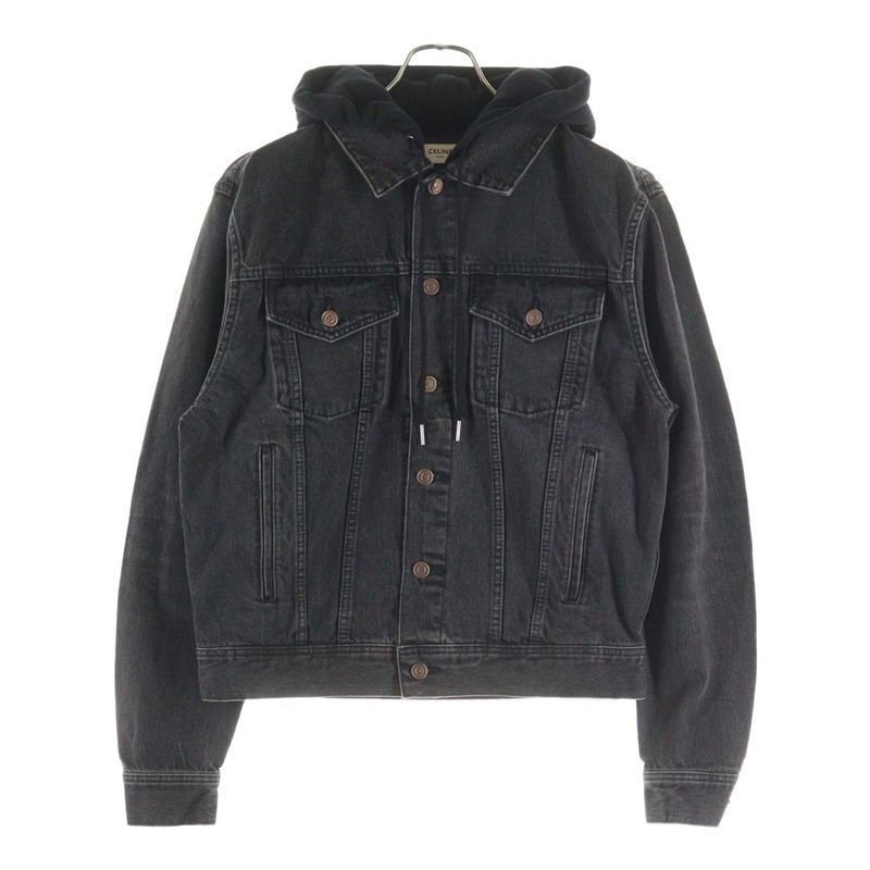 Celine Logo-Print Hoodie Docking Denim Trucker Jacket Black 2q472947f