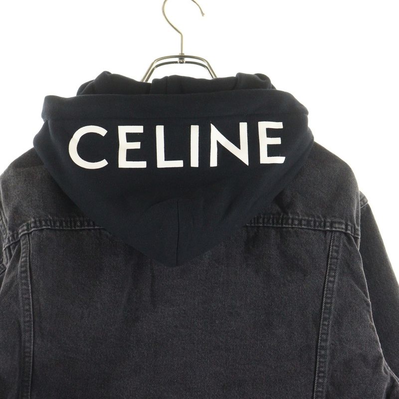 Celine Logo-Print Hoodie Docking Denim Trucker Jacket Black 2q472947f