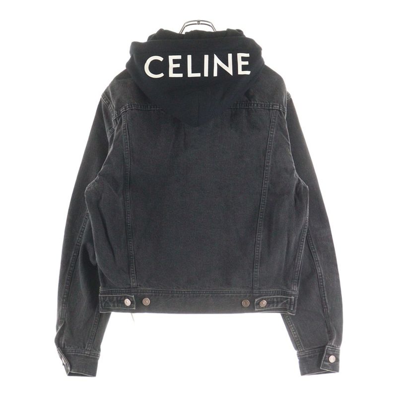 Celine Logo-Print Hoodie Docking Denim Trucker Jacket Black 2q472947f