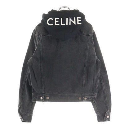 Celine Logo-Print Hoodie Docking Denim Trucker Jacket Black 2q472947f