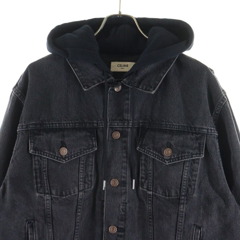 Celine Logo-Print Hoodie Docking Denim Trucker Jacket Black 2q472947f