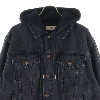 Celine Logo-Print Hoodie Docking Denim Trucker Jacket Black 2q472947f
