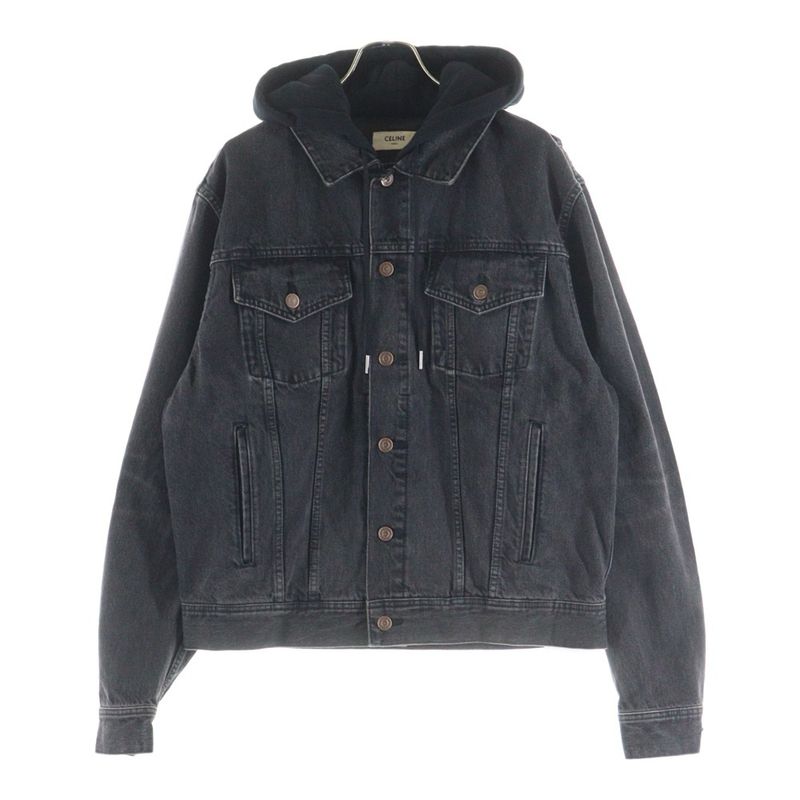 Celine Logo-Print Hoodie Docking Denim Trucker Jacket Black 2q472947f