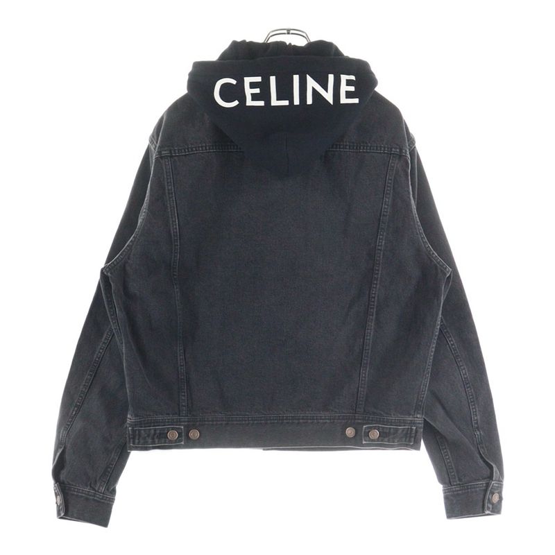 Celine Logo-Print Hoodie Docking Denim Trucker Jacket Black 2q472947f