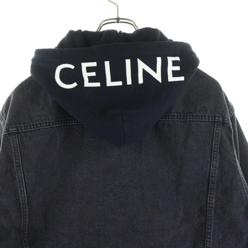 Celine Logo-Print Hoodie Docking Denim Trucker Jacket Black 2q472947f