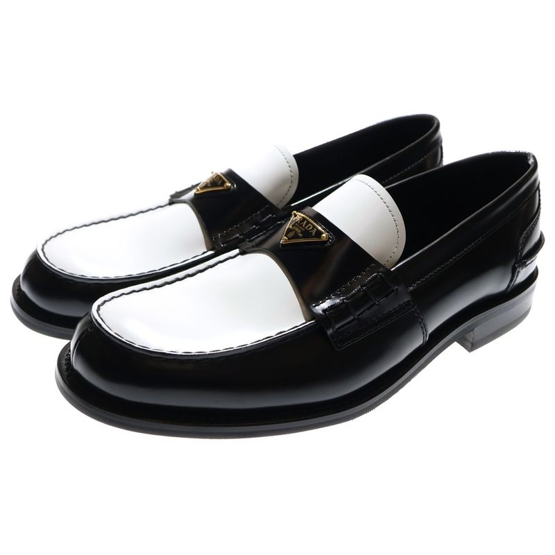 Prada Triangle Logo Oxford Brushed Leather Loafers Black White 2db223