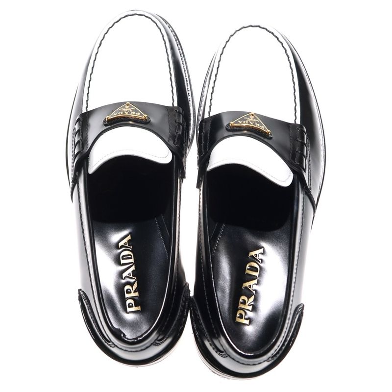 Prada Triangle Logo Oxford Brushed Leather Loafers Black White 2db223