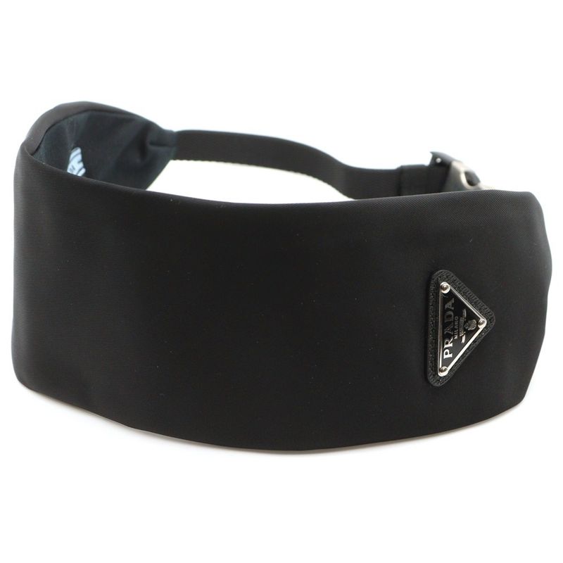 Prada Hairband Band with Logo Triangle Black Nylon 1ih081 Silver Hardware