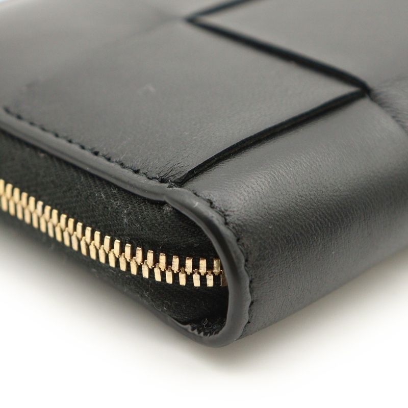 Bottega Veneta Cassette Zip Around Wallet Compact Wallet Black Leather Gold
