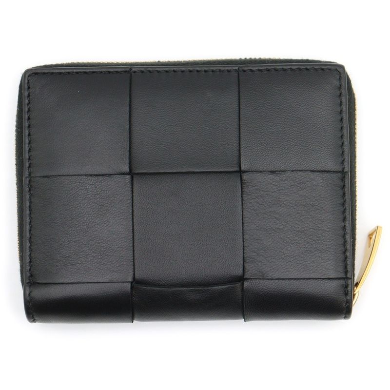 Bottega Veneta Cassette Zip Around Wallet Compact Wallet Black Leather Gold