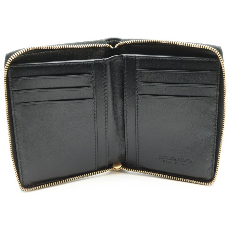Bottega Veneta Cassette Zip Around Wallet Compact Wallet Black Leather Gold