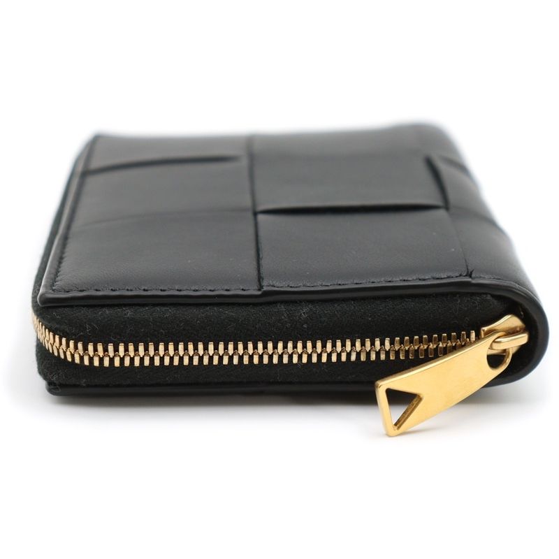 Bottega Veneta Cassette Zip Around Wallet Compact Wallet Black Leather Gold