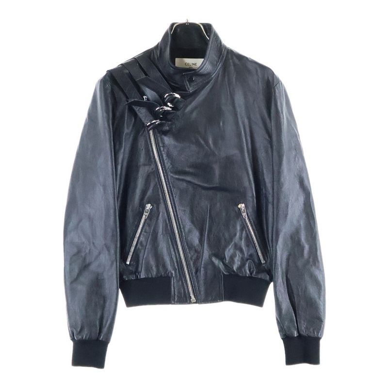 Celine Blouson Sheepskin Double Riders Leather Jacket with Straps Black