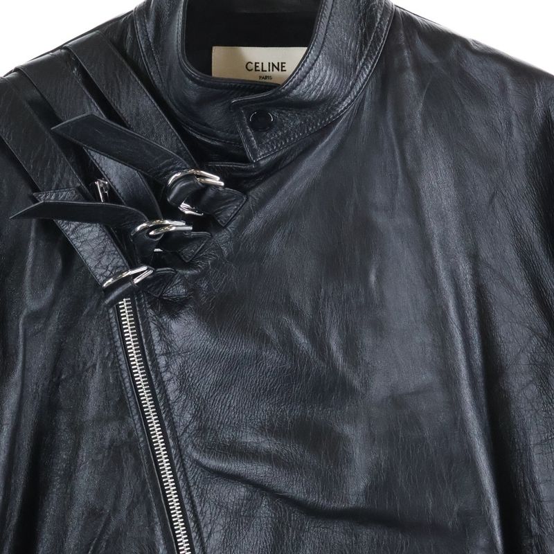 Celine Blouson Sheepskin Double Riders Leather Jacket with Straps Black